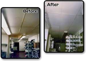 Ceiling Cleaning Before and After Picture of a Restaurant where the ceilings, walls and lights were cleaned.